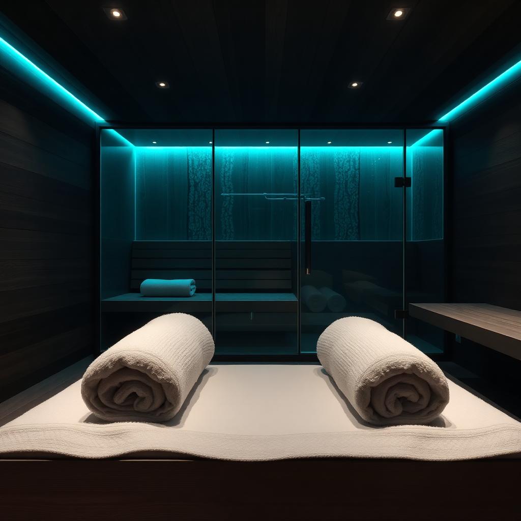 Steam room and sauna area with rolled towels