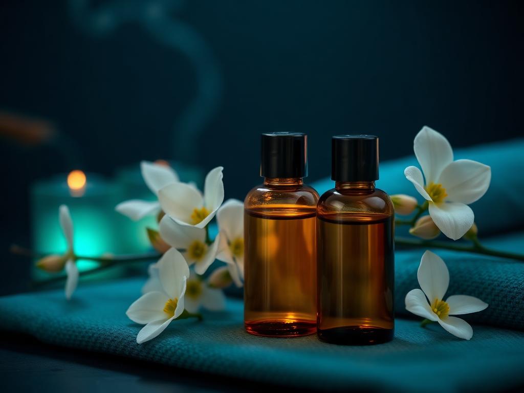 Aromatherapy essential oil bottles with white blossoms on a teal towel