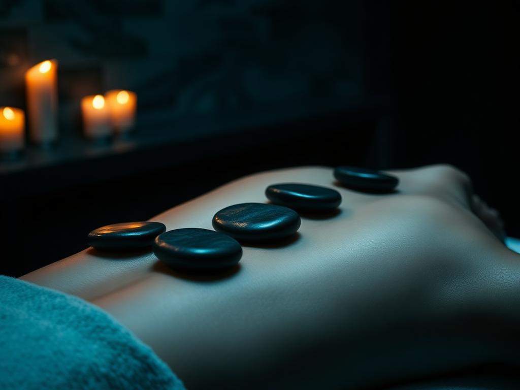 Warm basalt stones placed along a guest's back beside lit candles