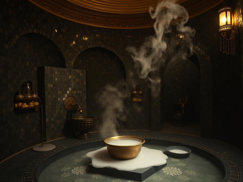 Moroccan hammam room in dark mosaic tile with steam rising from a brass bowl