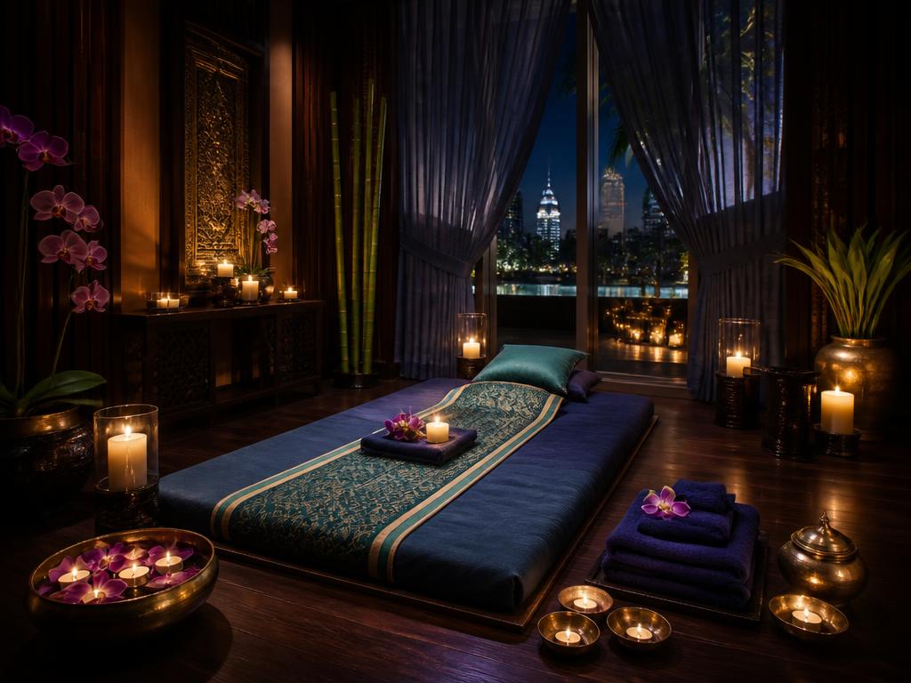 Thai massage suite with two low treatment beds and soft blue lighting